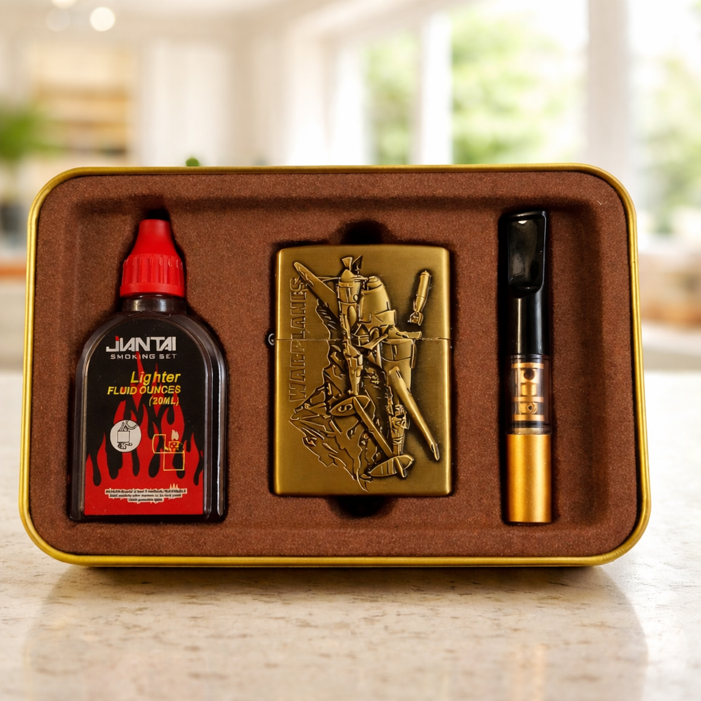 ست هدیه فندک کانتای مدل بنزینی به همراه چوب سیگار و بنزین | پک کامل JANTAI