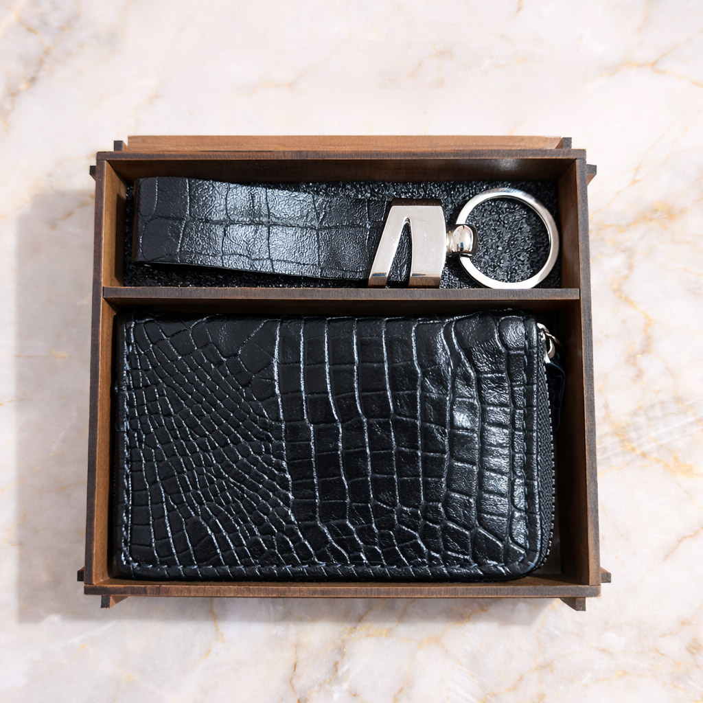 نیم ست باکس چوبی چرم طبیعی جاکارتی و جاسوئیچی طرح کروکو