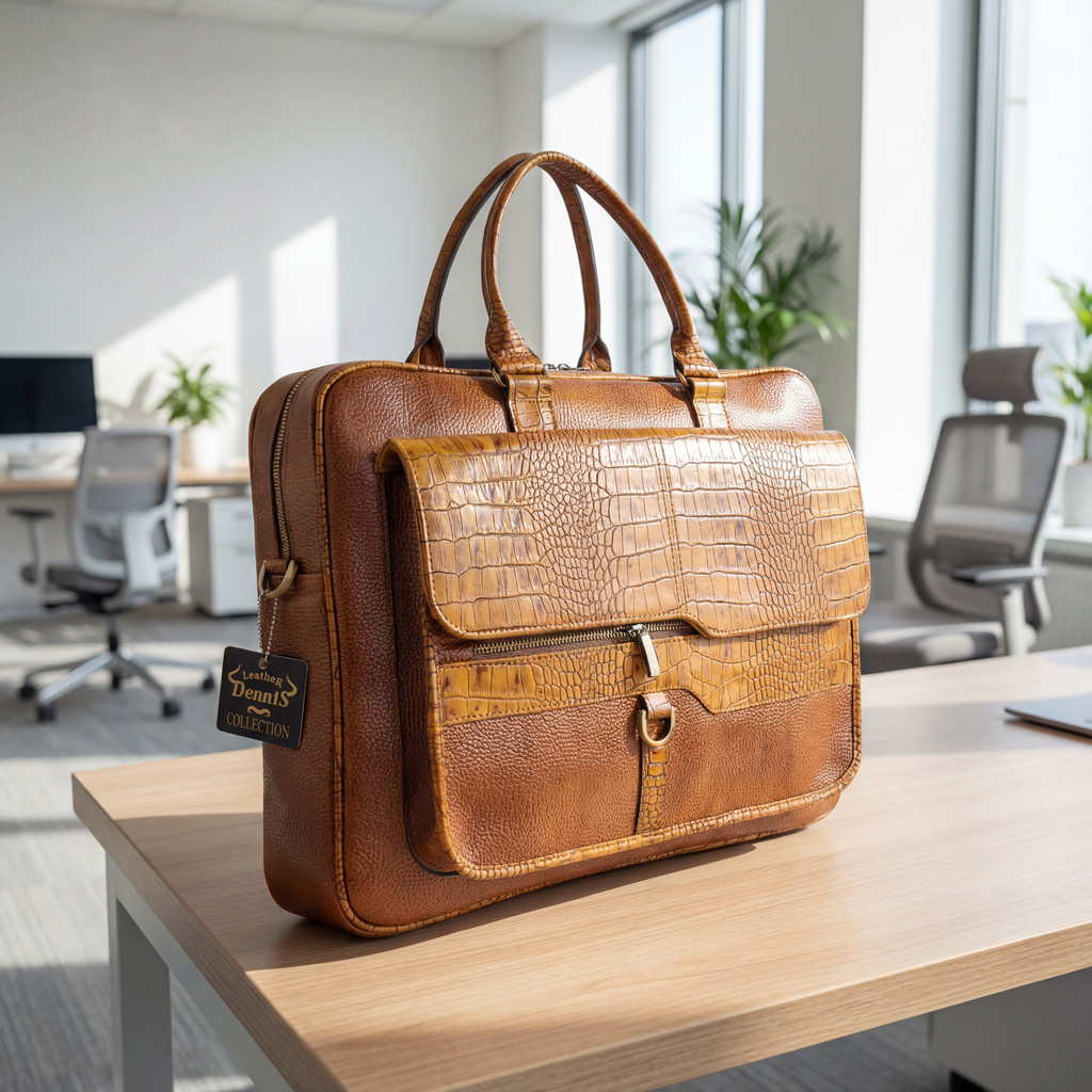 کیف اداری چرمی مردانه دنیس مدل کروکودیلی عسلی | Dennis Code 192
