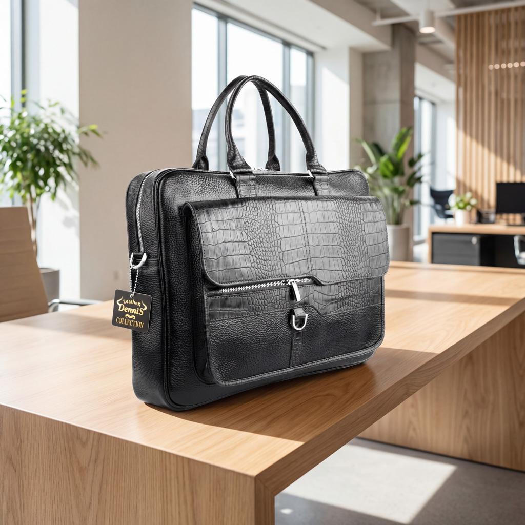 کیف اداری چرمی مردانه دنیس مدل کروکودیلی مشکی| Dennis Code 192