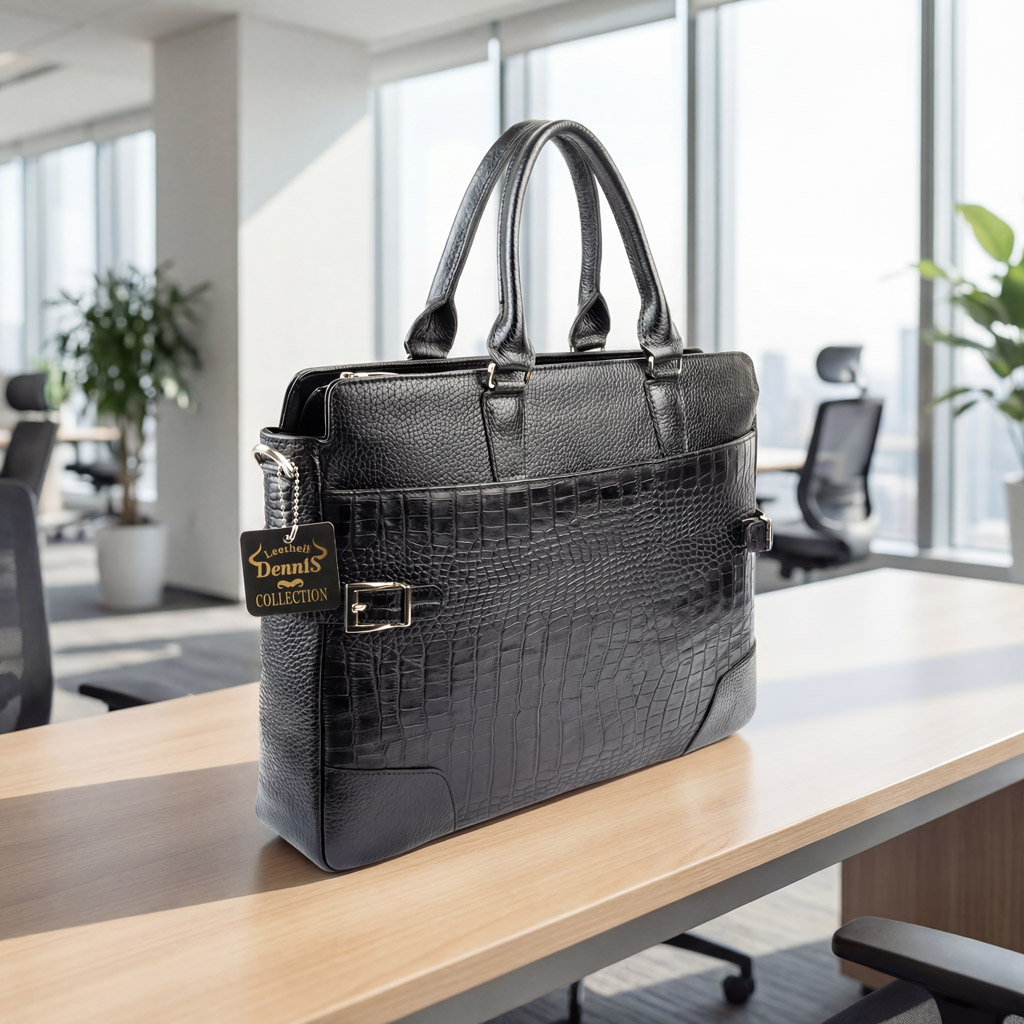 کیف اداری چرم طبیعی دنیس طرح کروکودیل رنگ مشکی S381