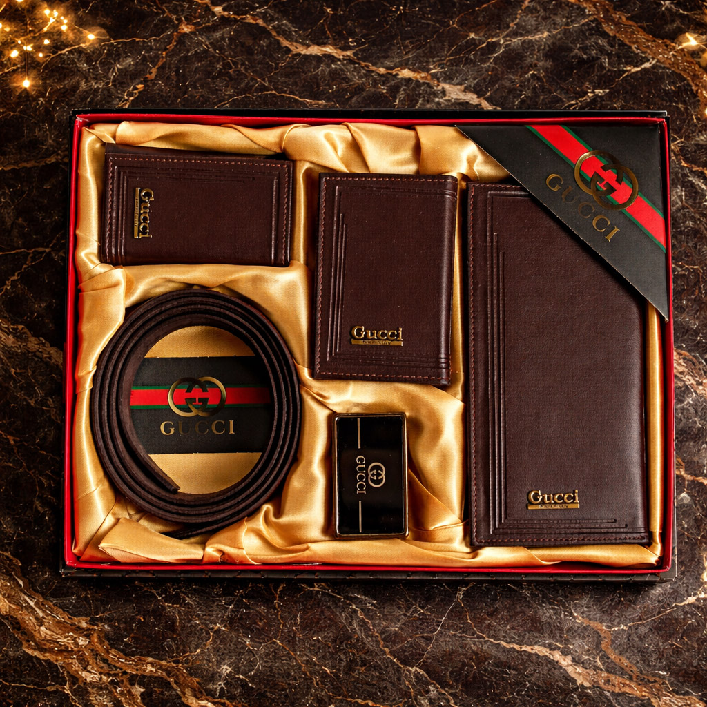 ست هدیه ۴ تکه چرمی قهوه ای گوچی | کیف پول، کمربند، جا کارتی و جا کلیدی مردانه