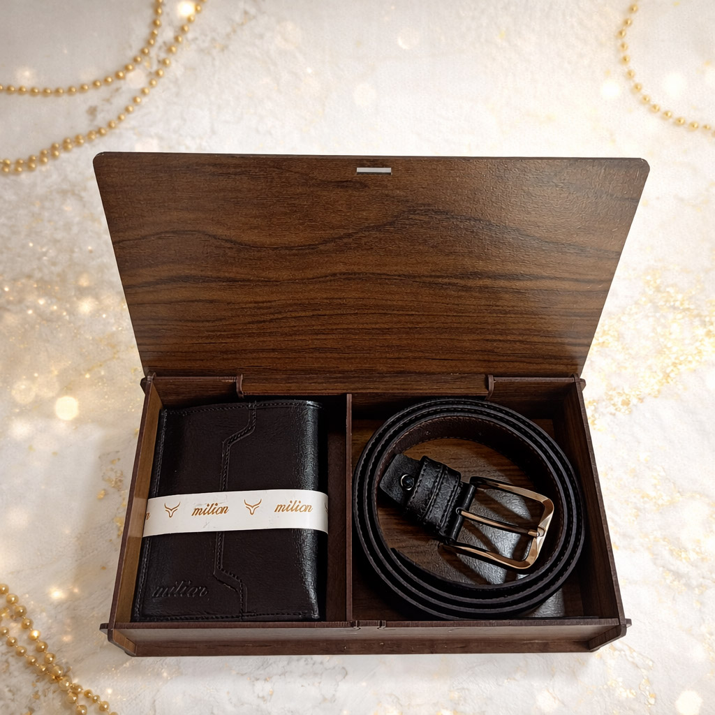 نیم ست هدیه کیف و کمربند چرم با باکس چوبی میلیون