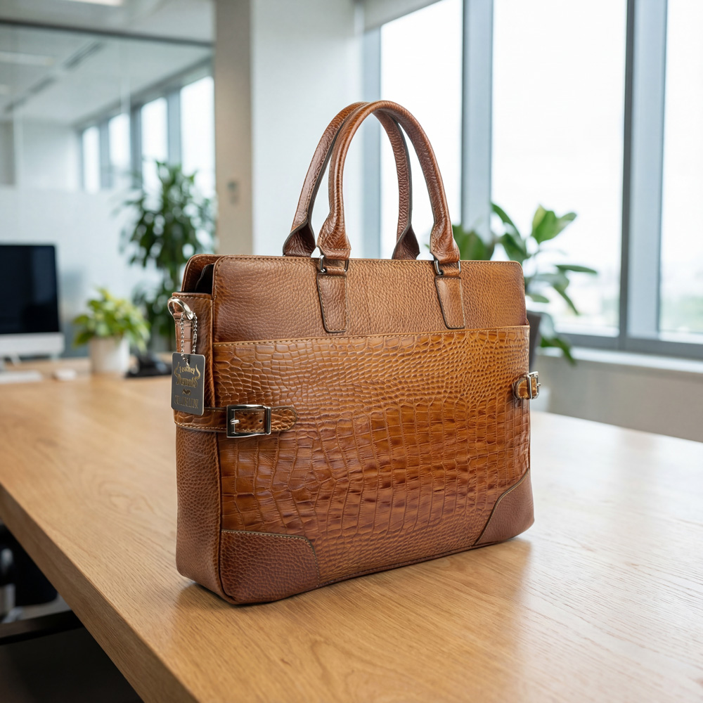 کیف اداری چرم طبیعی دنیس طرح کروکودیل رنگ عسلیS381
