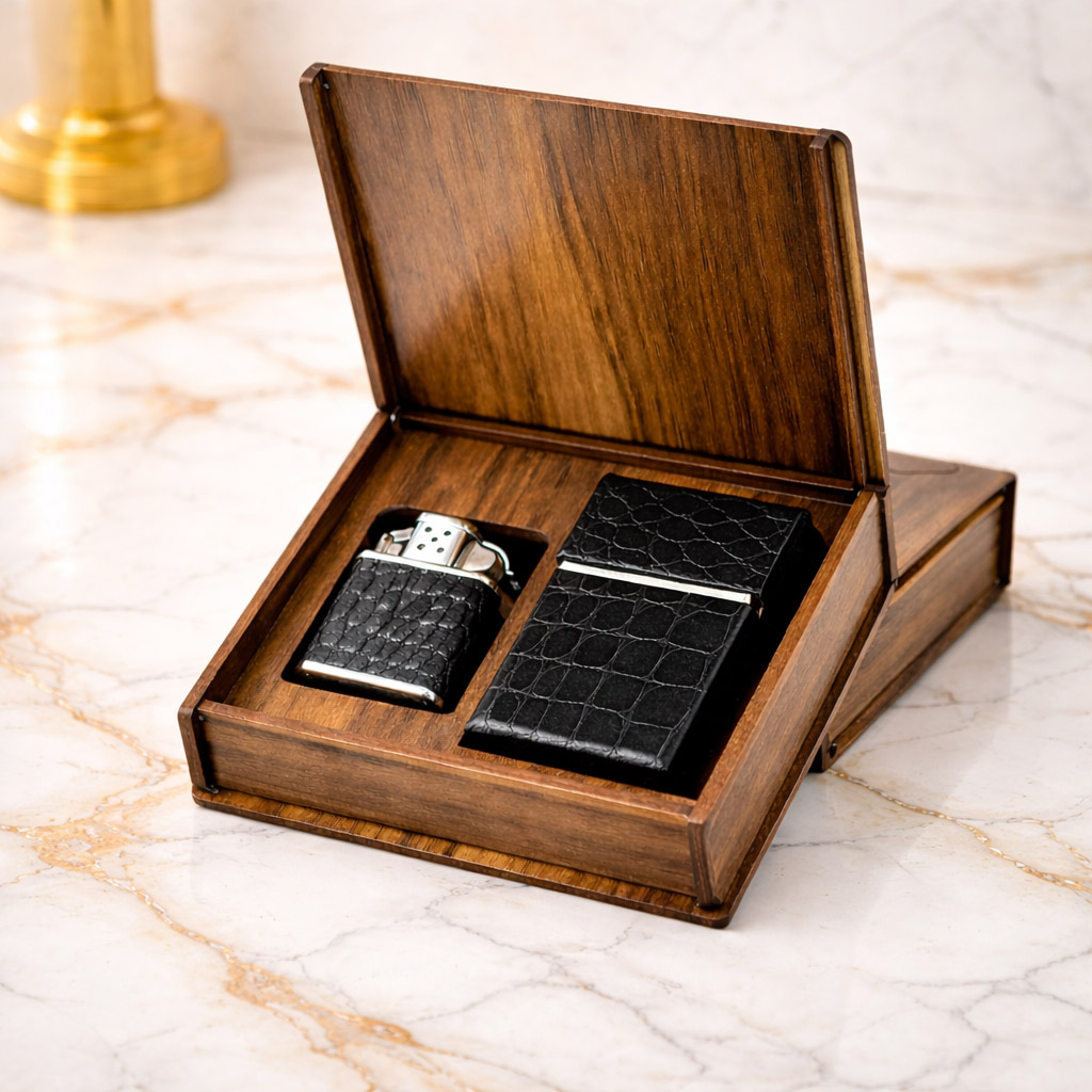 نیم ست فندک و جاسیگاری فلزی چرمی با باکس چوبی لوکس | مدل مگنتی مخصوص هدیه